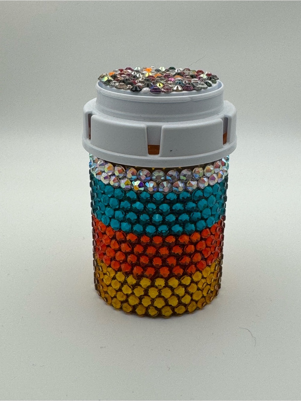 Hand Crafted Multicolor Jeweled Pill Bottle Cover - Teal Orange Yellow